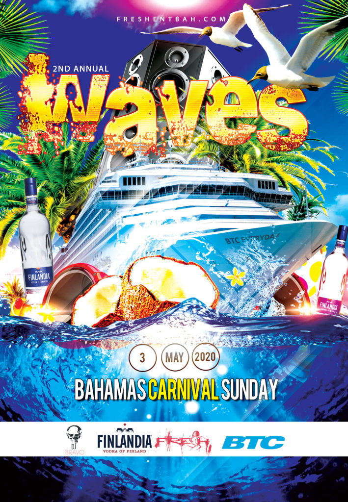 DJ Bravo & Fresh Ent Bah team up for Waves Bahamas Carnival Sunday All-Inclusive(Food & Drinks) Boat Ride leaving from Porters Cay Dock at 2:45pm. Waves 2020 is Designed and Developed Locally By a Team of Bacchanalists You Know and Love. Don’t Miss Out.