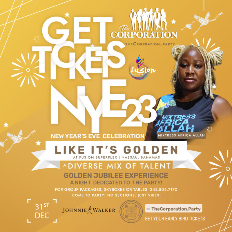 Get ready to shine bright like gold at Fusion Superplex Nassau Bahamas! As we bid farewell to an incredible 50th year of Bahamian independence, join us for a stylish and sophisticated New Year's Eve celebration. Dress in envy-inducing shades of yellow, black, and hues of blue and let's make this night one to remember! Don't miss out on our early bird tickets at TheCorporation.party. Tag two friends to come along