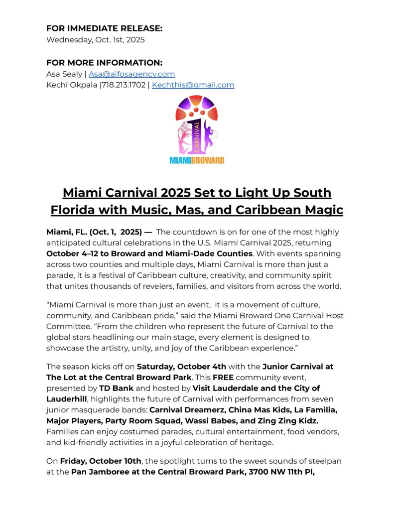 The season kicks off on Saturday, October 4th with the Junior Carnival at The Lot at the Lauderhill Performing Arts Center. This FREE community event, presented by TD Bank and hosted by Visit Lauderdale and the City of Lauderhill, highlights the future of Carnival with performances from seven junior masquerade bands: Carnival Dreamerz, China Mas Kids, La Familia, Major Players, Party Room Squad, Wassi Babes, and Zing Zing Kidz. Families can enjoy costumed parades, cultural entertainment, food vendors, and kid-friendly activities in a joyful celebration of heritage.