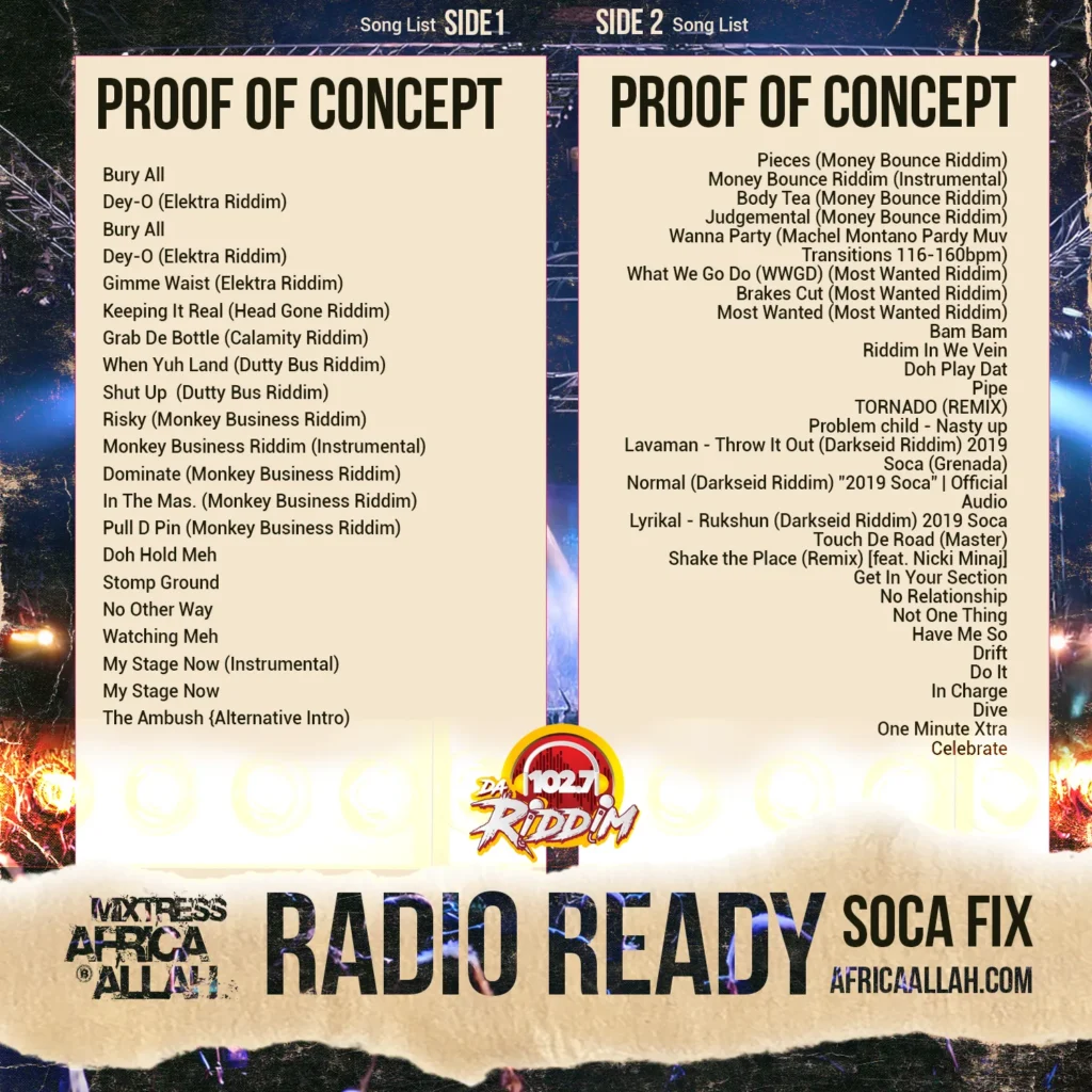 Radio Ready Soca Fix tracklist blueprint for PDs featuring transitions from 116 to 160bpm and custom radio imaging.