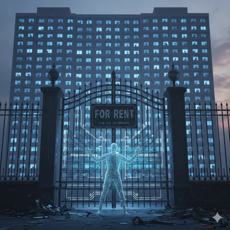 A digital figure stands before a high-rise apartment building where every window is a smartphone screen. A gated entrance features a "For Rent" sign stating "Blue Tick Required," symbolizing the privatization of social media reach. (AI generated)