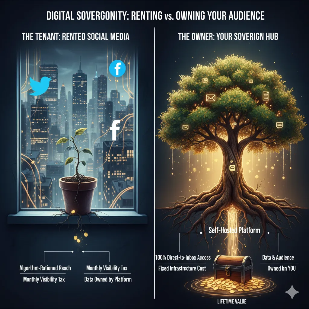 A split-screen comparison: On the left, a "Tenant" grows a small potted plant on a window sill overlooking a dark corporate city. On the right, an "Owner" nurtures a massive "Sovereign Hub" tree with deep roots connected to a treasure chest of owned data and direct-to-inbox icons. (AI Generated)