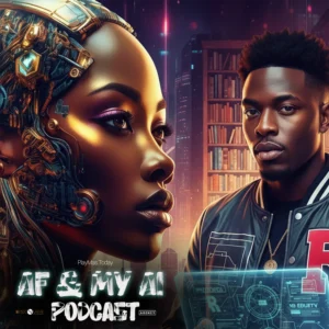 Podcast cover for Af & My AI featuring Africa Allah and Gemini AI. Digital illustration of a futuristic media archive vault with neon accents, representing the New Media Architecture and the 13 percent resistance.