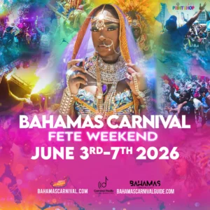 Bahamas Carnival 2026 billboard design by PlayMas.Today, featuring a masquerader in vibrant traditional costume, symbolizing Caribbean cultural architecture and digital sovereignty.