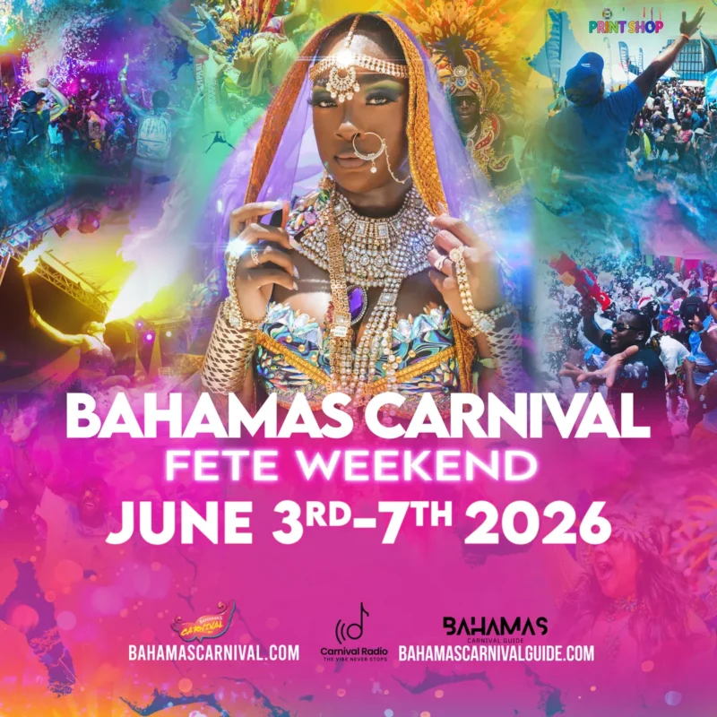 Bahamas Carnival 2026 billboard design by PlayMas.Today, featuring a masquerader in vibrant traditional costume, symbolizing Caribbean cultural architecture and digital sovereignty.