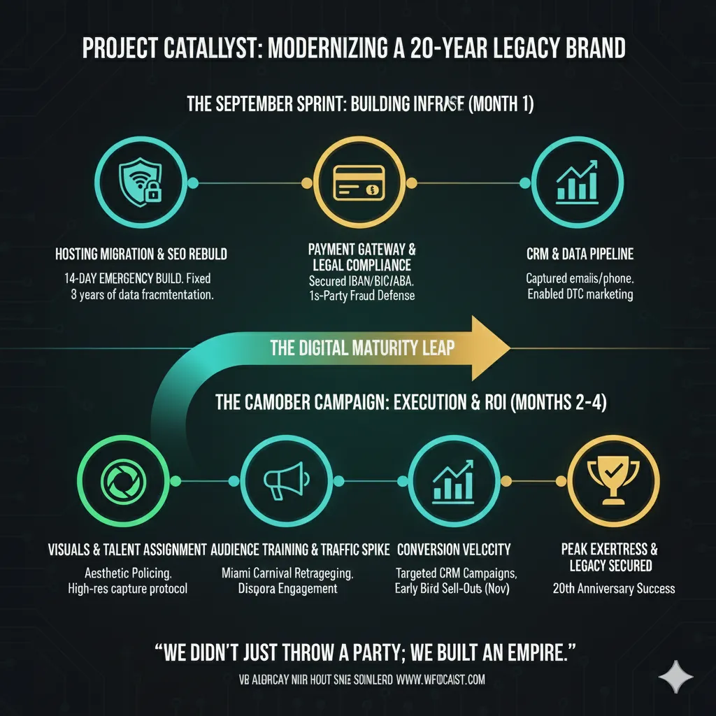 A project timeline infographic titled "Project Catalyst: Modernizing a 20-Year Legacy Brand." The graphic tracks a two-phase strategy from September to December: Phase 1 (September Sprint) focuses on hosting migration, payment gateways, and CRM pipelines. Phase 2 (October–December Campaign) focuses on visual production, audience training, and the 25% growth correlation. The footer reads: "We didn't just throw a party; we built an empire.