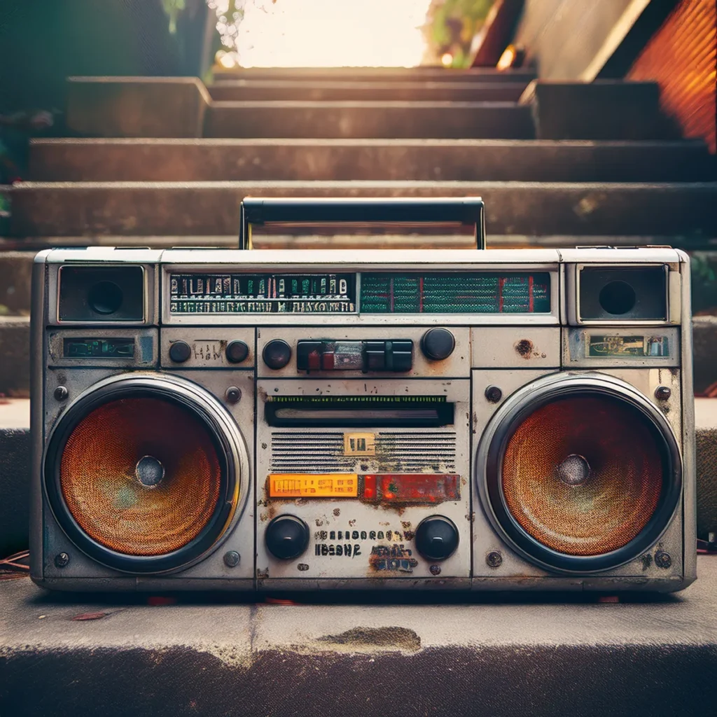 Vintage Boombox on Nassau porch steps, the origin of Phat Saturday radio signal.