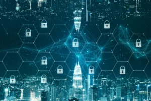 A futuristic blue digital city skyline overlay with cybersecurity padlock icons and honeycomb network nodes, representing Okurrrr.dev cybersecurity tracks for Black tech professionals.
