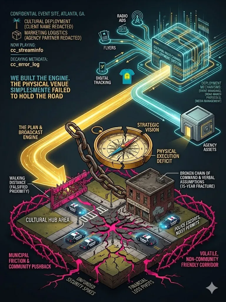 The broken compass and the central quote ("WE BUILT THE ENGINE...") are retained, along with the most critical diagnostic marker of the project failure: "BROKEN CHAIN OF COMMAND & VERBAL ASSUMPTIONS (15-YEAR FRACTURE)