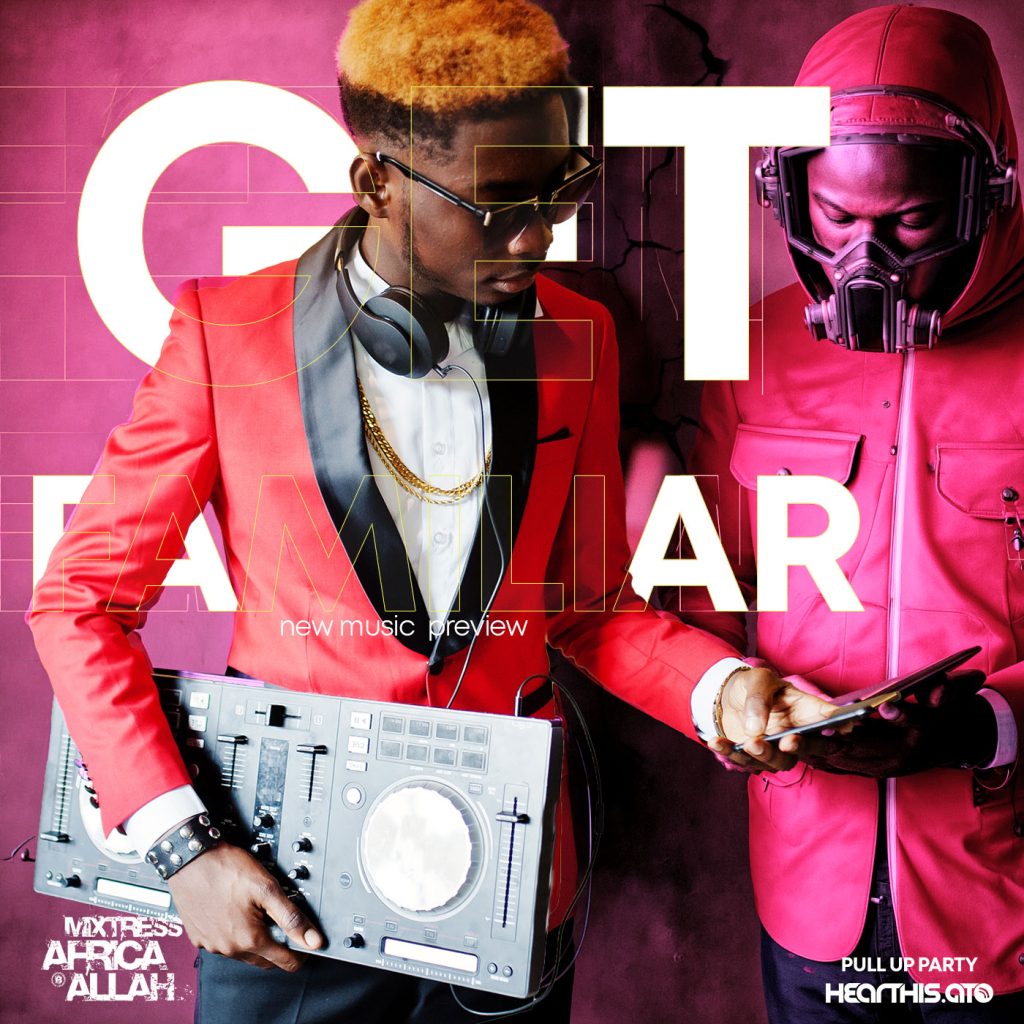 Promotional cover art titled 'GET FAMILIAR' set against a textured, deep magenta wall with subtle architectural cracks. On the left, a man in a red blazer with black lapels, gold chain, and black sunglasses holds a silver DJ controller under his arm. On the right, a second figure wears a matching red hooded utility jacket and a futuristic tactical respirator mask while holding a digital tablet. Giant, bold white sans-serif typography reads 'GET FAMILIAR' across the middle layer, interweaving behind and in front of the subjects, accompanied by the lowercase sub-text 'new music preview'.
Visual Rationale: This composition demonstrates clear architectural hierarchy by layering massive typography behind the foreground figures rather than slapping it on top. The bold white letters act as a structural anchor against the vibrant magenta background, while the high contrast between the organic human subjects, the metallic DJ controller, and the tactical gear creates depth without cluttering the canvas. The deliberate placement maintains readability while keeping the visual focus strictly on the human collaboration.