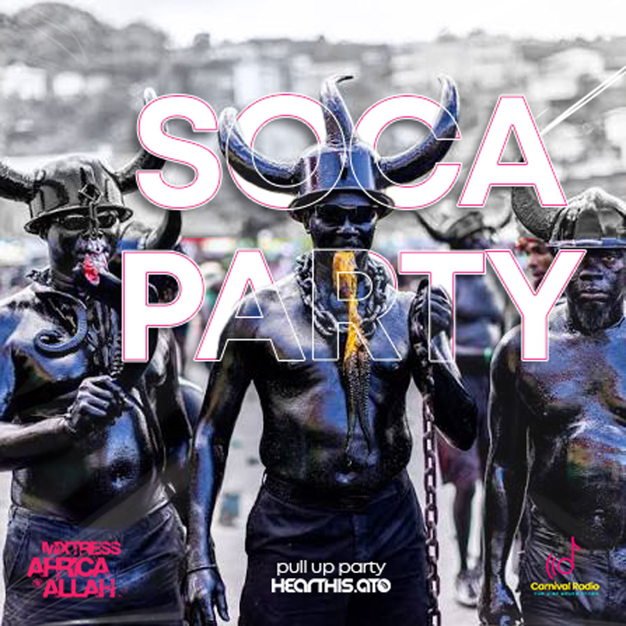 Promotional artwork titled 'SOCA PARTY' featuring three traditional Jab Molassie Carnival masqueraders covered in glistening black oil, horned helmets, sunglasses, heavy metal chains, and mouthpieces. Large white outlined block letters spell 'SOCA PARTY' across the upper chest area, set against a blurred, high-contrast black-and-white street background. The bottom overlay includes branding for Mixtress Africa Allah, hearthis.at, and Carnival Radio.
Visual Rationale: The design achieves high visual impact by relying on raw, visceral cultural imagery rather than artificial feature saturation. The monochromatic, glistening texture of the Jab Molassie figures creates immediate contrast against the sharp white typography overlay. By keeping the background desaturated and blurred, the composition establishes a clean focal plane that honors the raw energy of traditional Carnival culture while keeping the brand text legible and balanced.